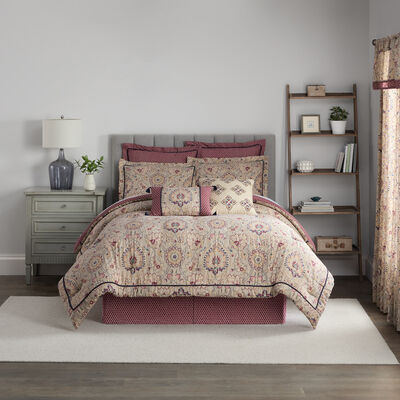 Waverly Castleford Damask 4 Piece Cotton Comforter Set, Beige & Maroon